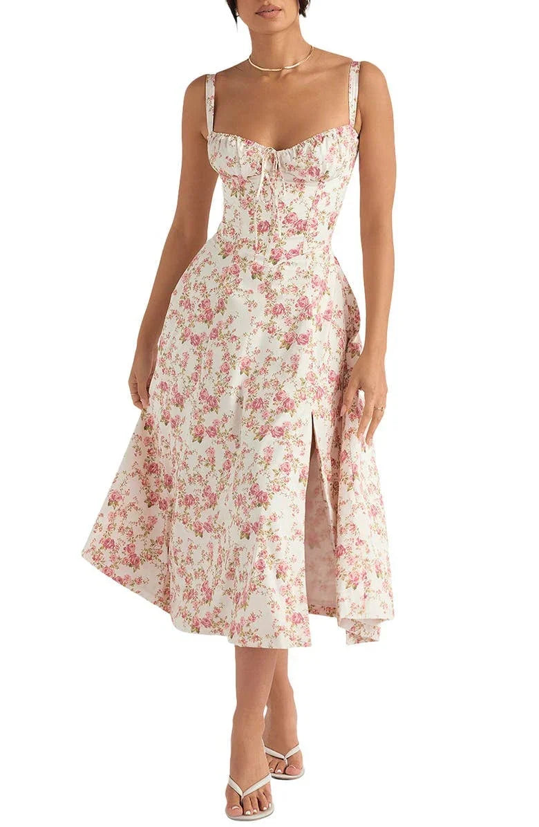 Floral Shaping Dress with Corset and Waist Cutout