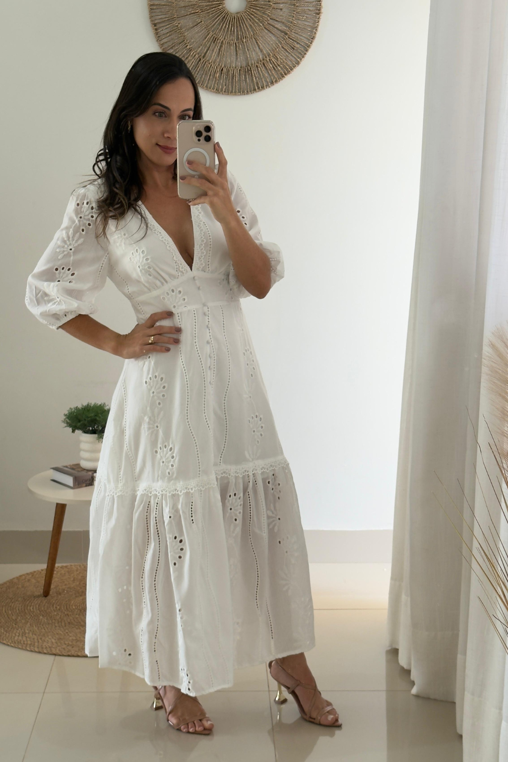 Long White Dress with Lace V-Neck