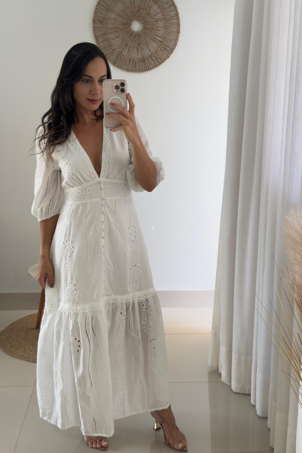Long White Dress with Lace V-Neck