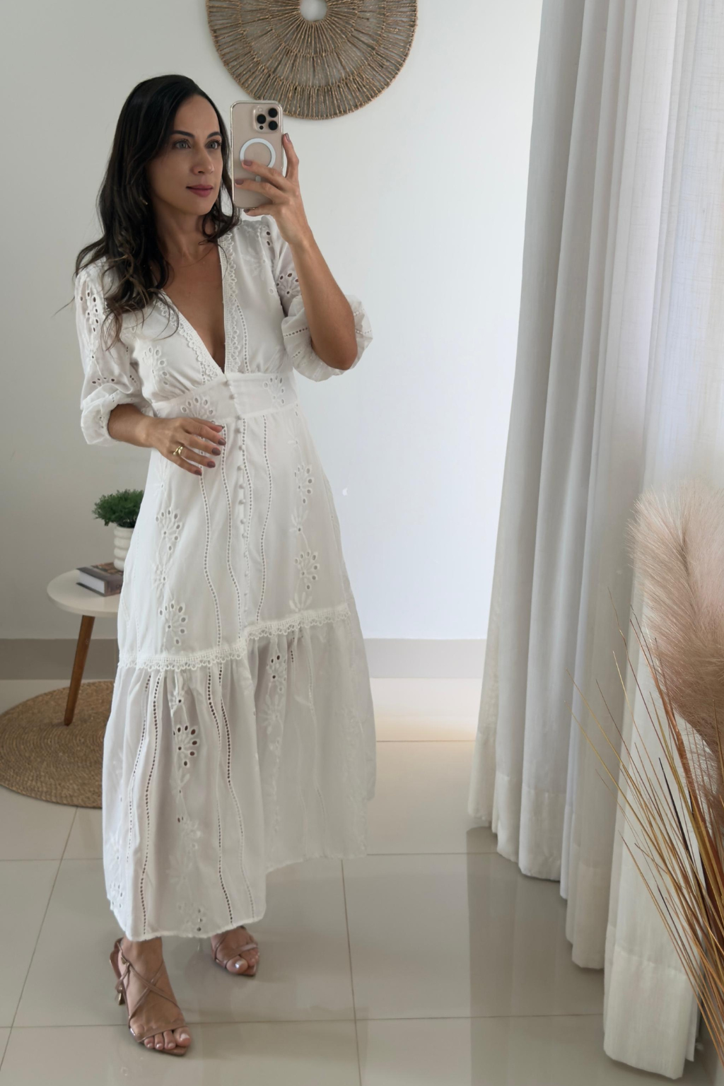 Long White Dress with Lace V-Neck