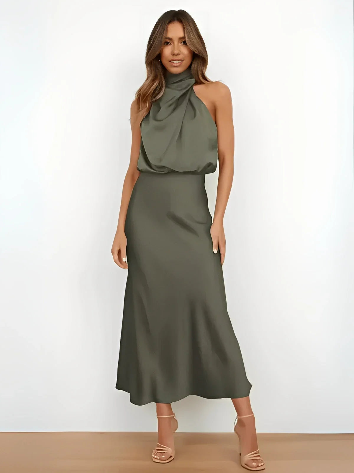 Satin Midi Dress with Draped High Neck – Ebony