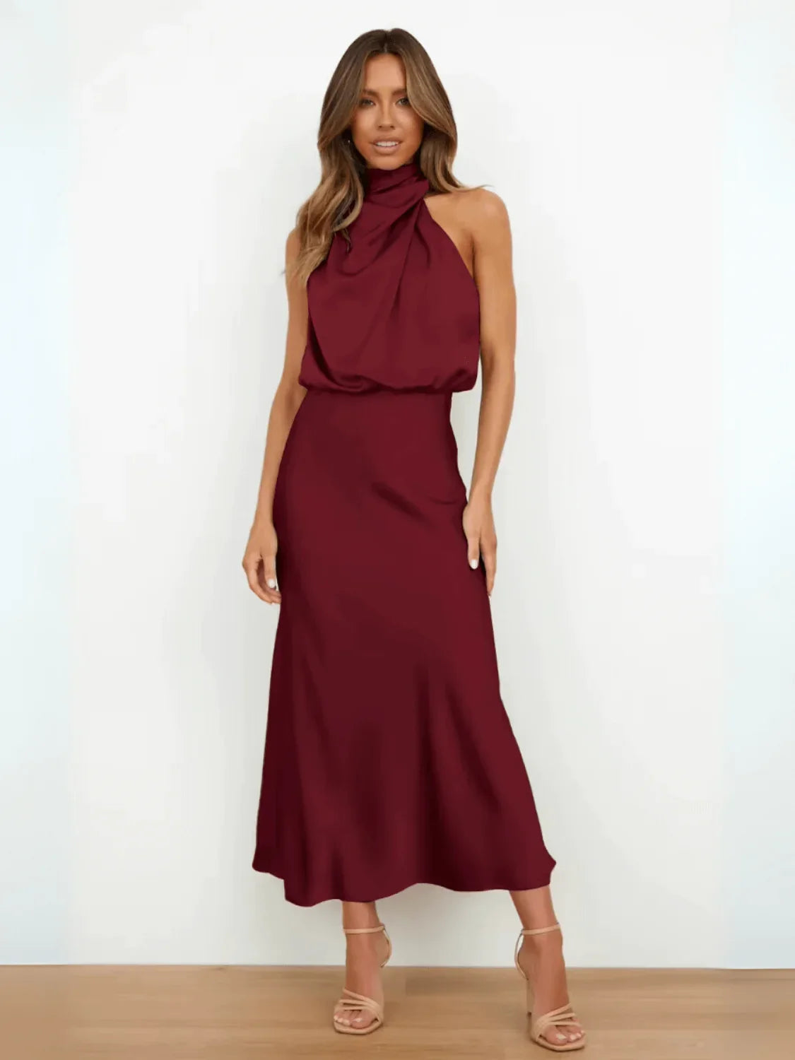 Satin Midi Dress with Draped High Neck – Ebony