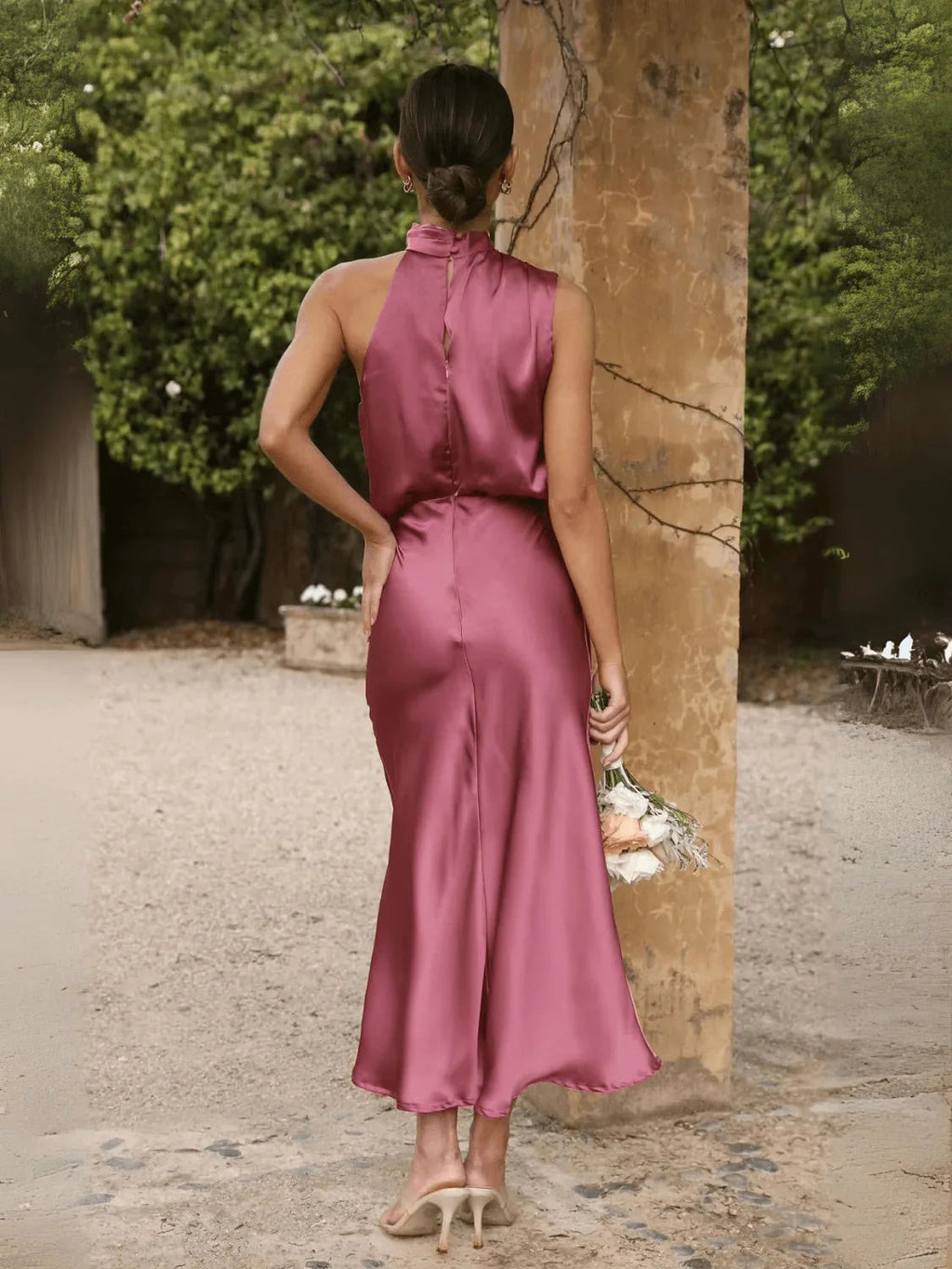 Satin Midi Dress with Draped High Neck – Ebony