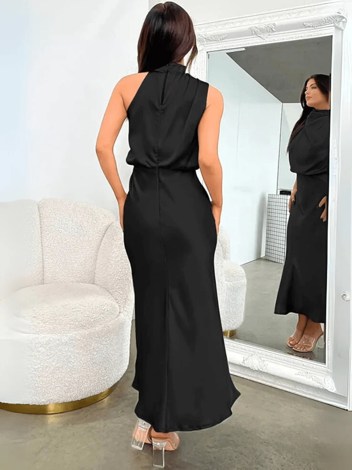 Satin Midi Dress with Draped High Neck – Ebony