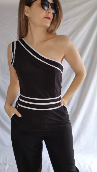 Long Sleeve One Shoulder Tailored Jumpsuit Noir Supreme