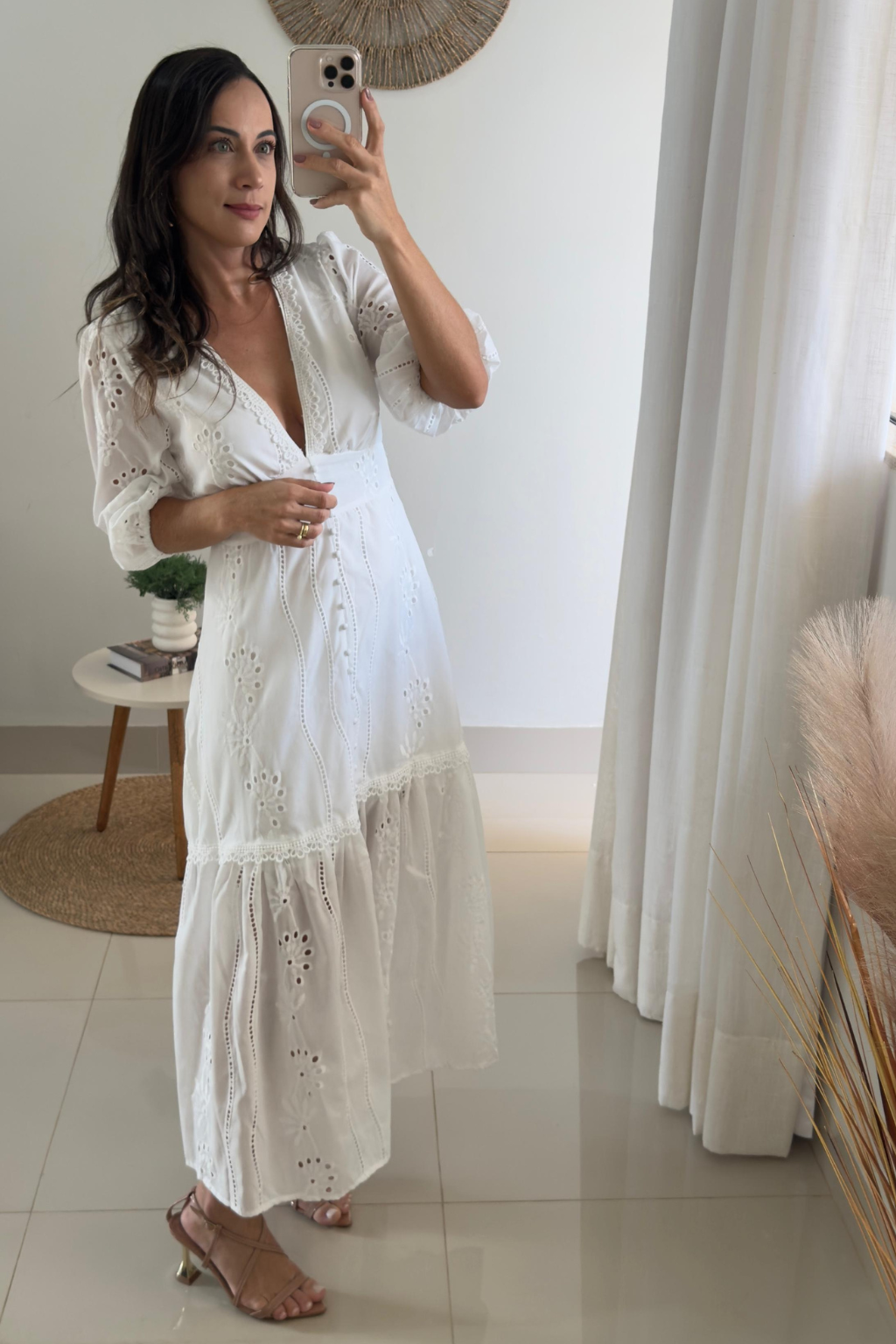 Long White Dress with Lace V-Neck