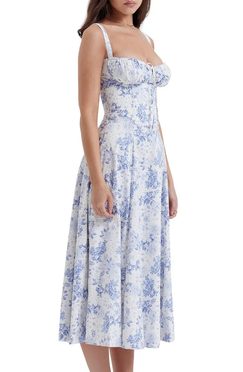 Floral Shaping Dress with Corset and Waist Cutout