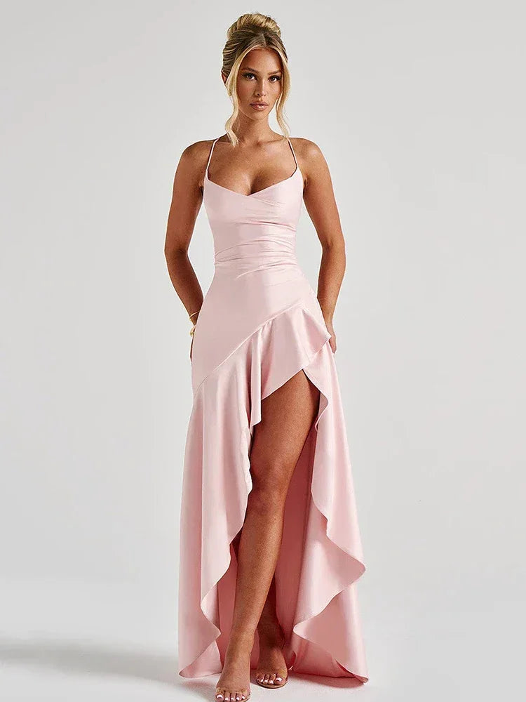 Long Satin Dress with Side Slit Scarlet – Party Fashion