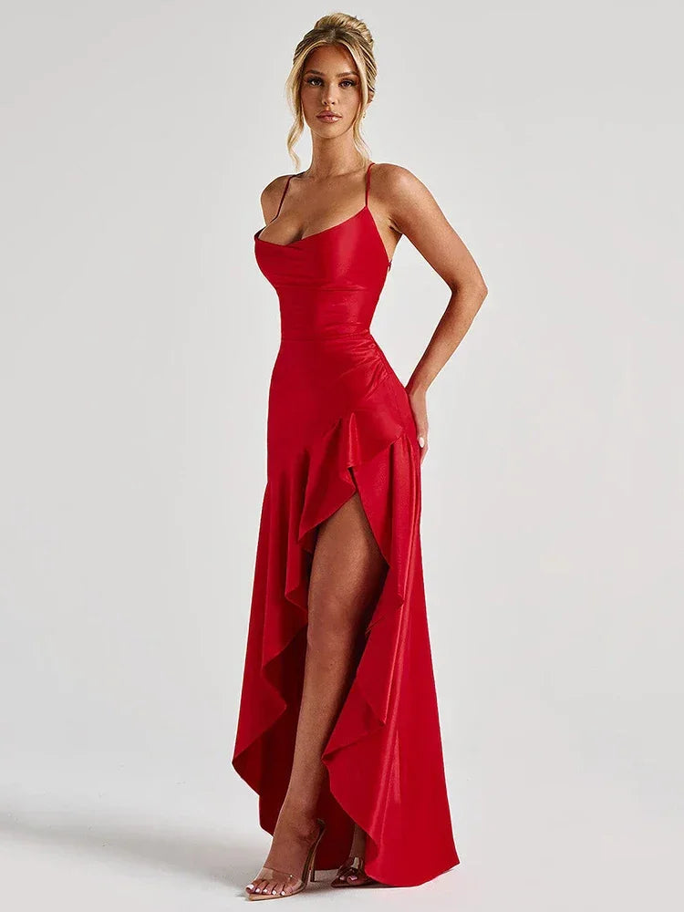 Long Satin Dress with Side Slit Scarlet – Party Fashion