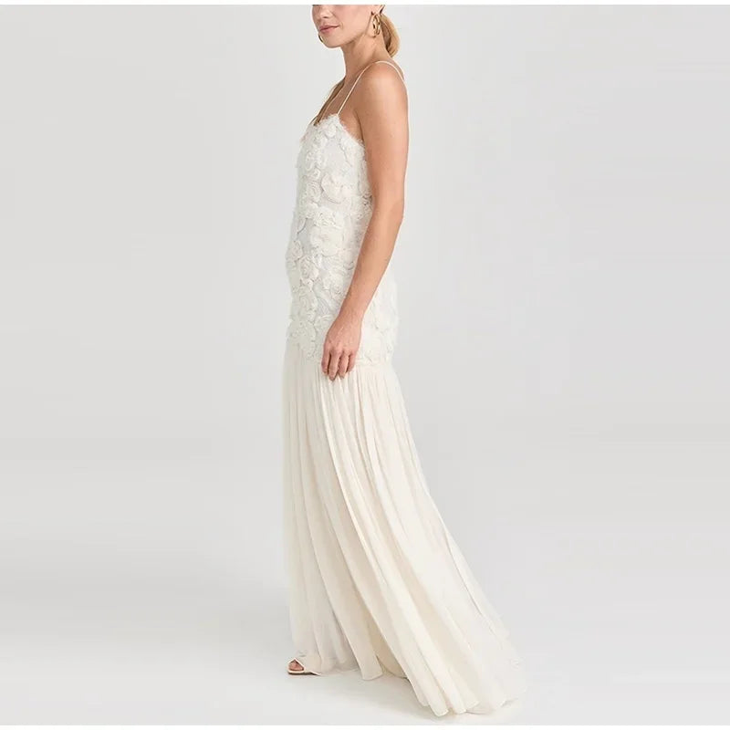 Atenas Dress - Long with Floral Details and Flowing Skirt