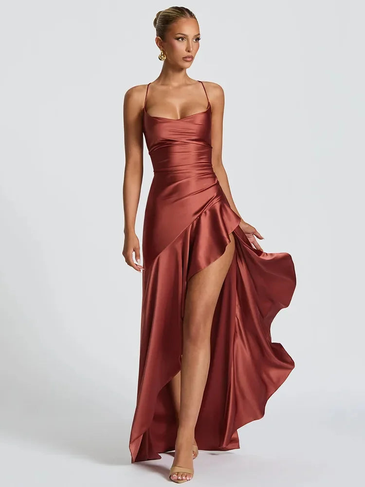 Long Satin Dress with Side Slit Scarlet – Party Fashion