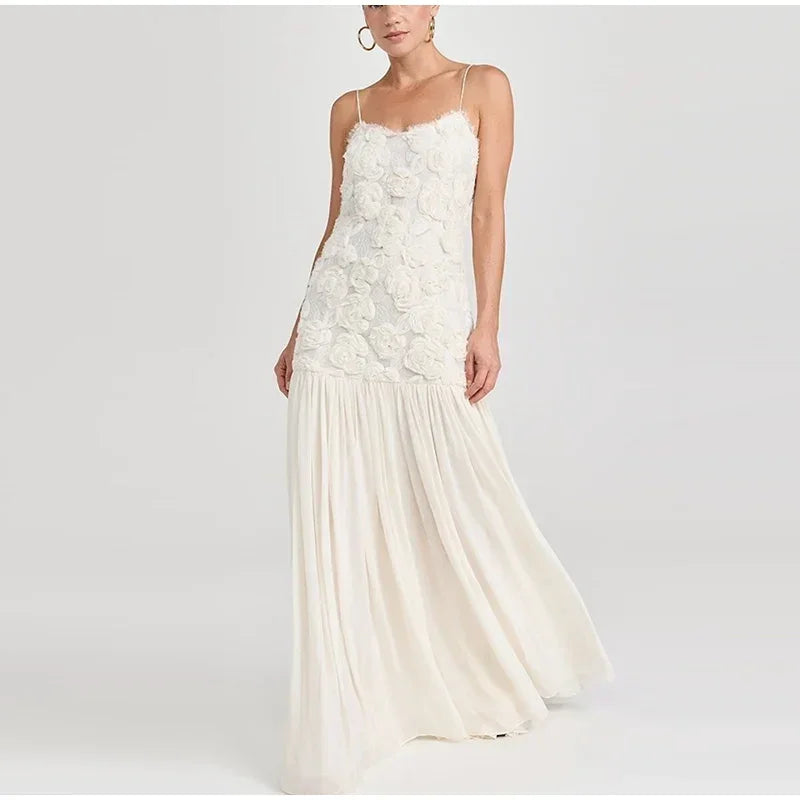 Atenas Dress - Long with Floral Details and Flowing Skirt