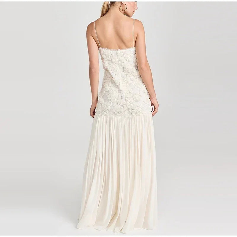 Atenas Dress - Long with Floral Details and Flowing Skirt