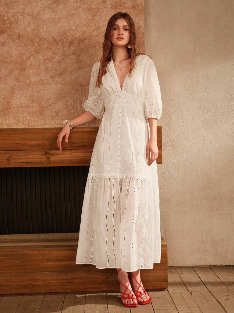 Long White Dress with Lace V-Neck