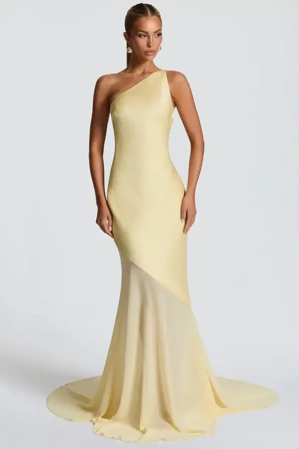 Asymmetrical Long Party Dress with One Shoulder and Chiffon Skirt – Aureo