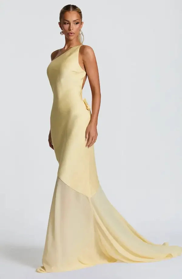 Asymmetrical Long Party Dress with One Shoulder and Chiffon Skirt – Aureo