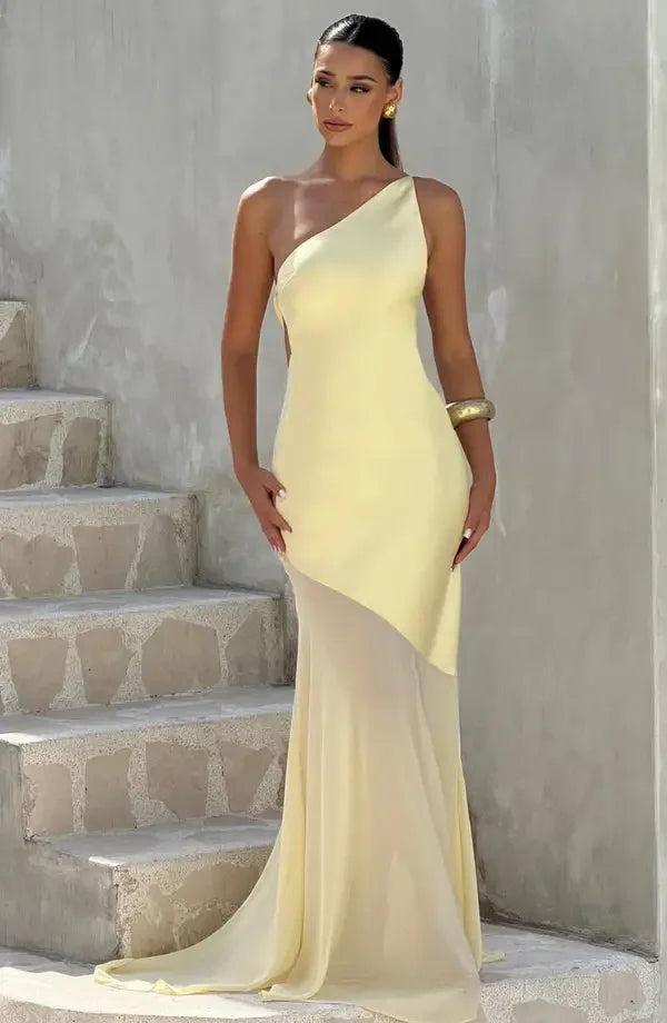 Asymmetrical Long Party Dress with One Shoulder and Chiffon Skirt – Aureo