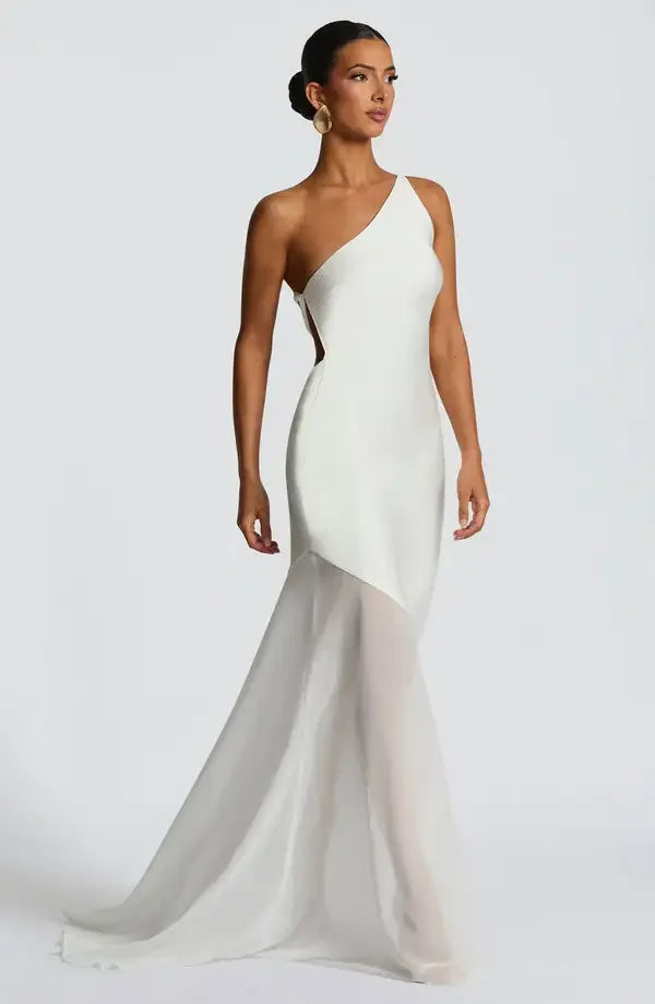 Asymmetrical Long Party Dress with One Shoulder and Chiffon Skirt – Aureo