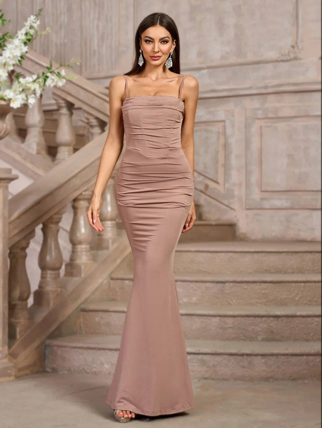 Fitted Formal Dress with Ruching and Solid Color