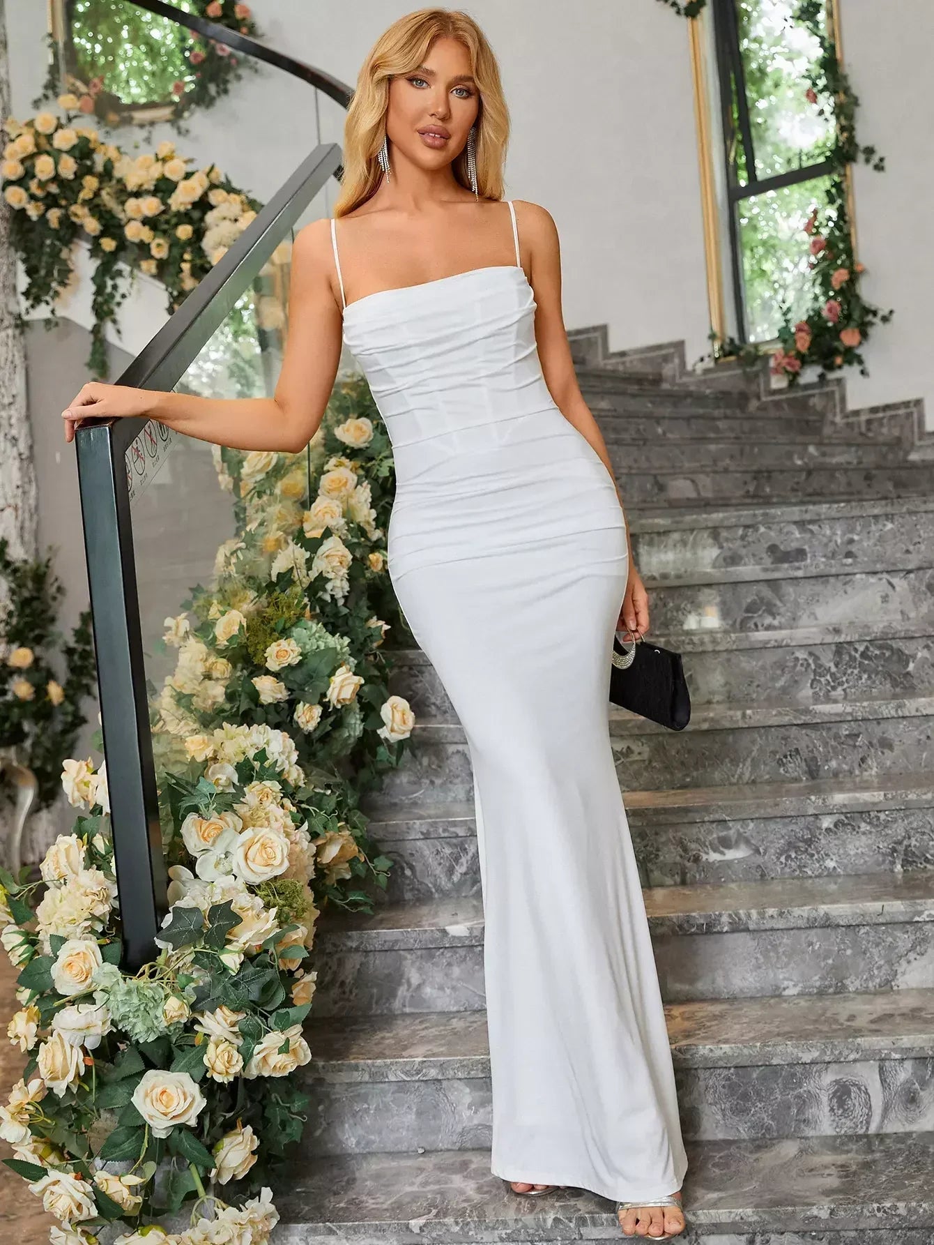 Fitted Formal Dress with Ruching and Solid Color